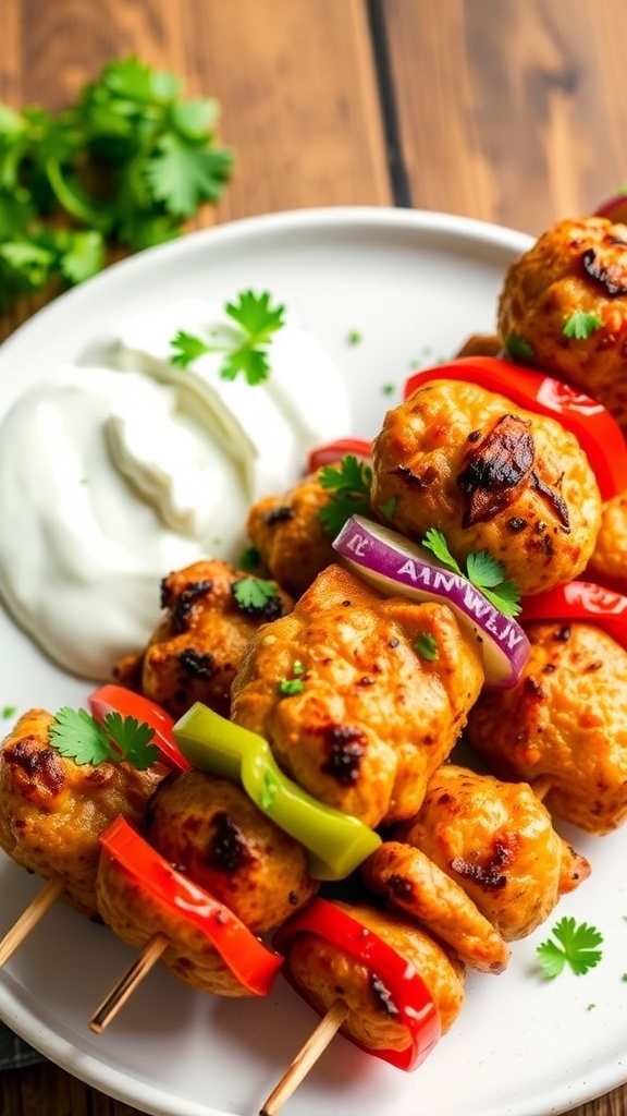 Air Fryer Chicken Kebab Recipe Air fryer chicken kebabs with bell peppers and onions, garnished with parsley, served with yogurt sauce on a wooden table.